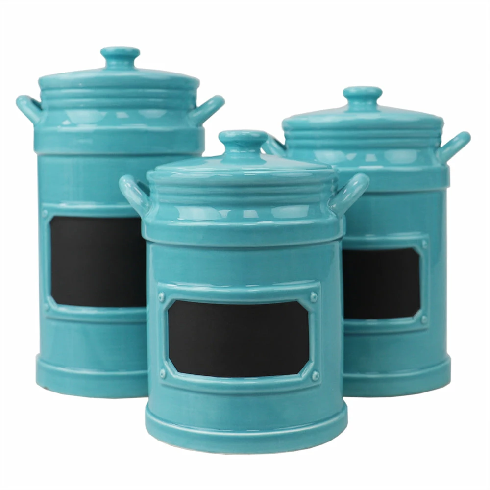 Budget 👏 Home Basics 3 Piece Ceramic Canisters with Chalkboard Labels, Turquoise 🌟 3 Budget 👏 Home Basics 3 Piece Ceramic Canisters with Chalkboard Labels, Turquoise 🌟
