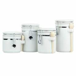 Outlet 🧨 Home Basics 4 Piece Ceramic Canister Set with Wooden Spoons, White ✔️
