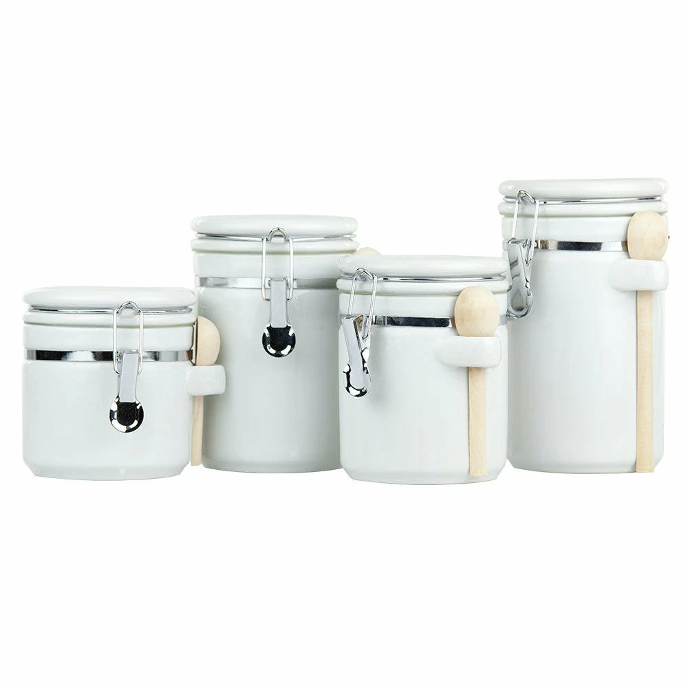 Outlet ๐งจ Home Basics 4 Piece Ceramic Canister Set with Wooden Spoons, White โ๏ธ 3 Outlet ๐งจ Home Basics 4 Piece Ceramic Canister Set with Wooden Spoons, White โ๏ธ