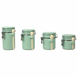 Brand new 🌟 Home Basics 4 Piece Ceramic Canisters with Easy Open Air-Tight Clamp Top Lid and Wooden Spoons, Mint 🔥