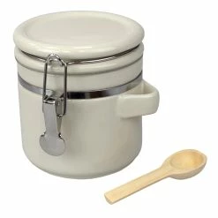Outlet ❤️ Home Basics 4 Piece Ceramic Canisters with Easy Open Air-Tight Clamp Top Lid and Wooden Spoons, Beige 😉 -Home Basics Sales 1373850d6efc4354928fa5650c5a1ae5 1080x