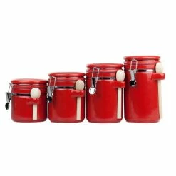 Budget 🌟 Home Basics 4 Piece Ceramic Canister Set with Wooden Spoons, Red 😉