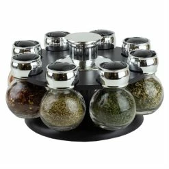 New ✔️ Home Basics Contemporary Low Profile Revolving 8-Jar Spice Rack Set, Black 🧨