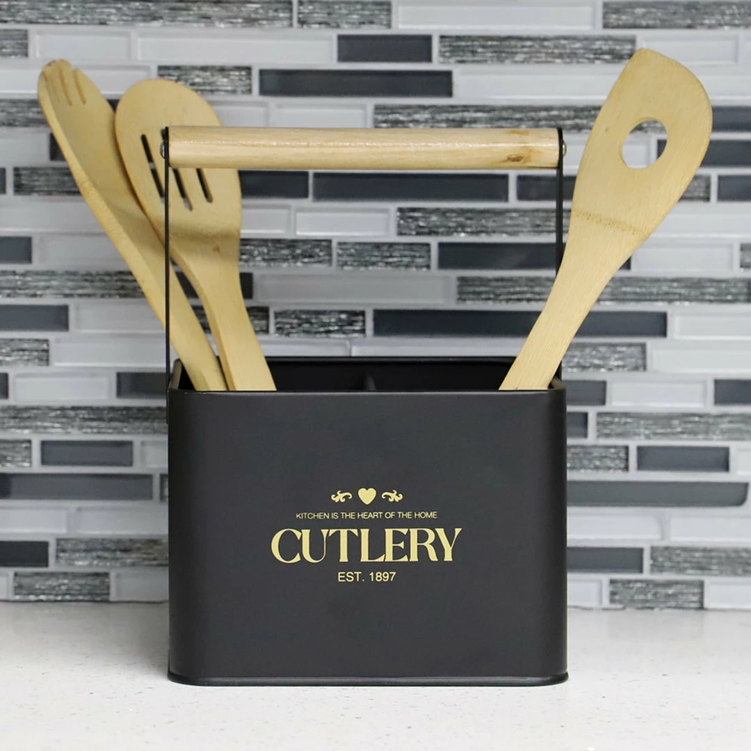 Outlet π Home Basics Bistro Sectioned Tin Holder with Bamboo Handle, Black π 4 Outlet π Home Basics Bistro Sectioned Tin Holder with Bamboo Handle, Black π - Image 2