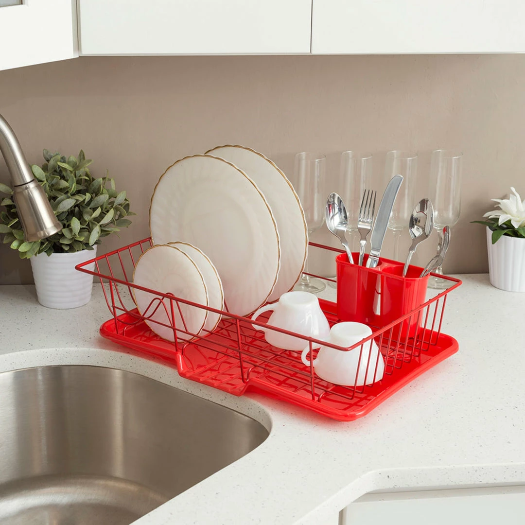 Hot Sale โ๏ธ Home Basics 3 Piece Rust-Resistant Vinyl Dish Drainer with Self-Draining Drip Tray, Red ๐ 4 Hot Sale โ๏ธ Home Basics 3 Piece Rust-Resistant Vinyl Dish Drainer with Self-Draining Drip Tray, Red ๐ - Image 2