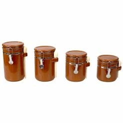 Outlet ⌛ Home Basics 4 Piece Ceramic Canisters with Easy Open Air-Tight Clamp Top Lid and Wooden Spoons, Brown ⌛
