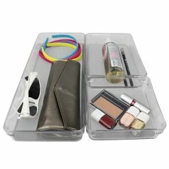 Flash Sale ⭐ Home Basics Three Compartment Multi-Purpose Storage 3 Piece Rubber-Lined Plastic Drawer Organizer Set, Grey 🤩