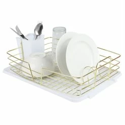 Flash Sale ✨ Home Basics Michael Graves Design Deluxe Dish Rack with Gold Finish Wire and Removable Dual Compartment Utensil Holder, White/Gold 🎉