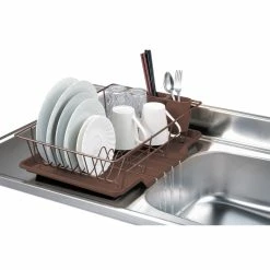 Discount 🛒 Home Basics 3 Piece Rust-Resistant Vinyl Dish Drainer with Self-Draining Drip Tray, Brown 👏