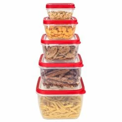Cheapest 🧨 Home Basics 5 Piece Spill-Proof Square Plastic Food Storage Container with Ventilated, Snap-On Lids, Red 👏
