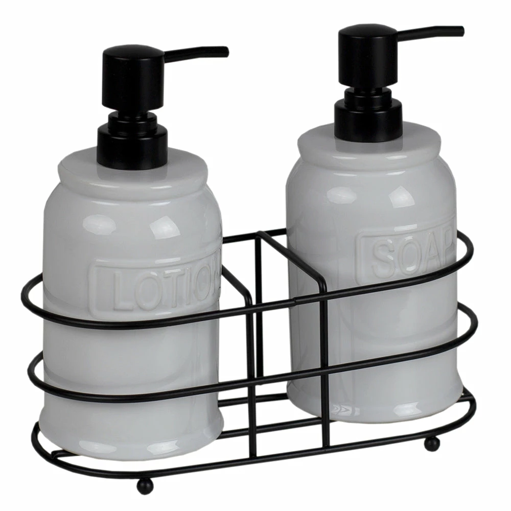 Wholesale π Home Basics 2 Piece Embossed Glazed Ceramic Soap Dispenser with Dual Compartment Metal Rack, White π€© 3 Wholesale π Home Basics 2 Piece Embossed Glazed Ceramic Soap Dispenser with Dual Compartment Metal Rack, White π€©