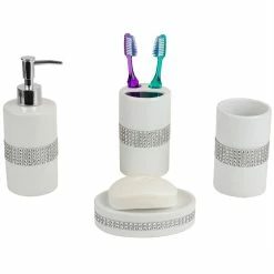 Brand new ๐ Home Basics 4 Piece Ceramic Luxury Bath Accessory Set with Stunning Sequin Accents, White โญ