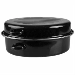 Wholesale 🧨 Home Basics Deep Oval Natural Non-Stick 14” Enameled Carbon Steel Roaster Pan with Lid, Black ✔️