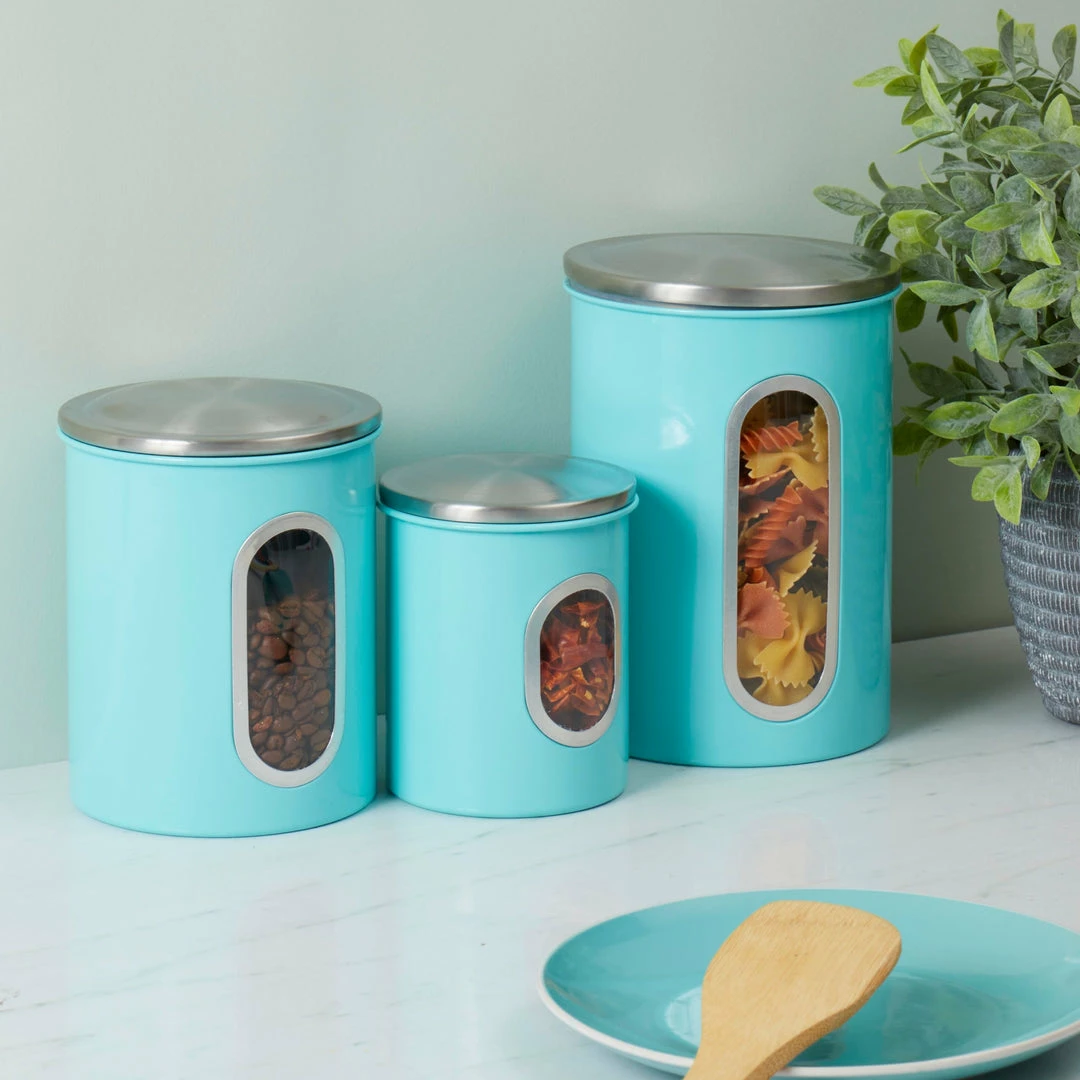 Deals ⌛ Home Basics 3 Piece Stainless Steel Top Canisters with Windows, Turquoise ❤️ 4 Deals ⌛ Home Basics 3 Piece Stainless Steel Top Canisters with Windows, Turquoise ❤️ - Image 2