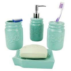 Best Pirce 👍 Home Basics 4 Piece Dolomite Mason Jar Bath Set, Mint 🎁