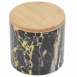 Best Sale 👏 Home Basics Marble Like Small Ceramic Canister with Bamboo Top, Black 👍