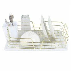 Flash Sale ✨ Home Basics Michael Graves Design Deluxe Dish Rack with Gold Finish Wire and Removable Dual Compartment Utensil Holder, White/Gold 🎉 -Home Basics Sales 9484e17d7c6a426497ae000d84e210b3 1080x