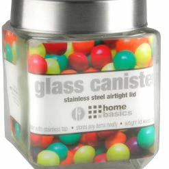 Best Sale 👍 Home Basics 40 oz. Square Glass Canister with Brushed Stainless Steel Screw-on Lid Clear 🎉