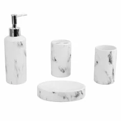 Best Pirce 🛒 Home Basics Marble Ceramic 4 Piece Bath Accessory Set, White ⌛