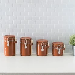 Outlet ⌛ Home Basics 4 Piece Ceramic Canisters with Easy Open Air-Tight Clamp Top Lid and Wooden Spoons, Brown ⌛ -Home Basics Sales b1617e5cfbc1471fbad890602fddec72 650e3c4f 0d43 4a63 865d a1a66aeecd47 1080x