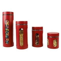 Coupon 🛒 Home Basics 4 Piece Essence Collection Stainless Steel Canister Set, Red 😉