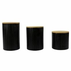 Best Pirce 👍 Home Basics Wave 3 Piece Ceramic Canister Set With Bamboo Tops, Black 🔥