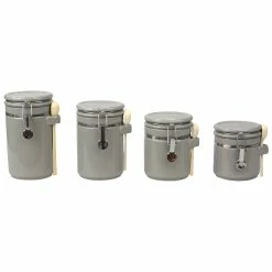 Budget 🎁 Home Basics 4 Piece Ceramic Canister Set With Wooden Spoons, Grey 🌟