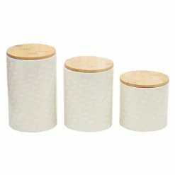 Flash Sale 🔔 Home Basics Scallop 3 Piece Ceramic Canister Set With Bamboo Tops, White ⭐
