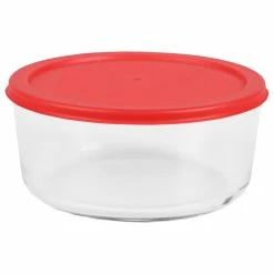 Best Pirce ⭐ Home Basics Round 55 oz. Borosilicate Glass Food Storage Container with Red Lid 🥰