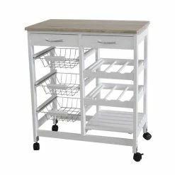 Cheap ๐ Home Basics Oak Top Rolling Kitchen Trolley with Two Drawers and Two Baskets, White ๐
